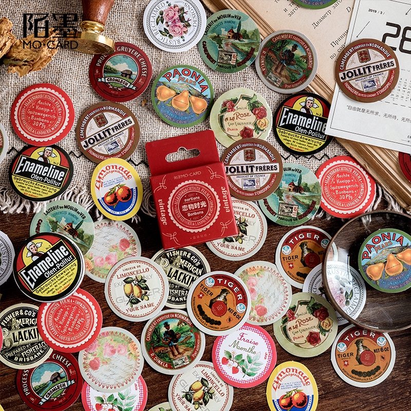 Hộp 45 Sticker Dán Trang Trí Sổ Lưu Niệm Hình Tròn Logo Vintage Box Sticker ST289