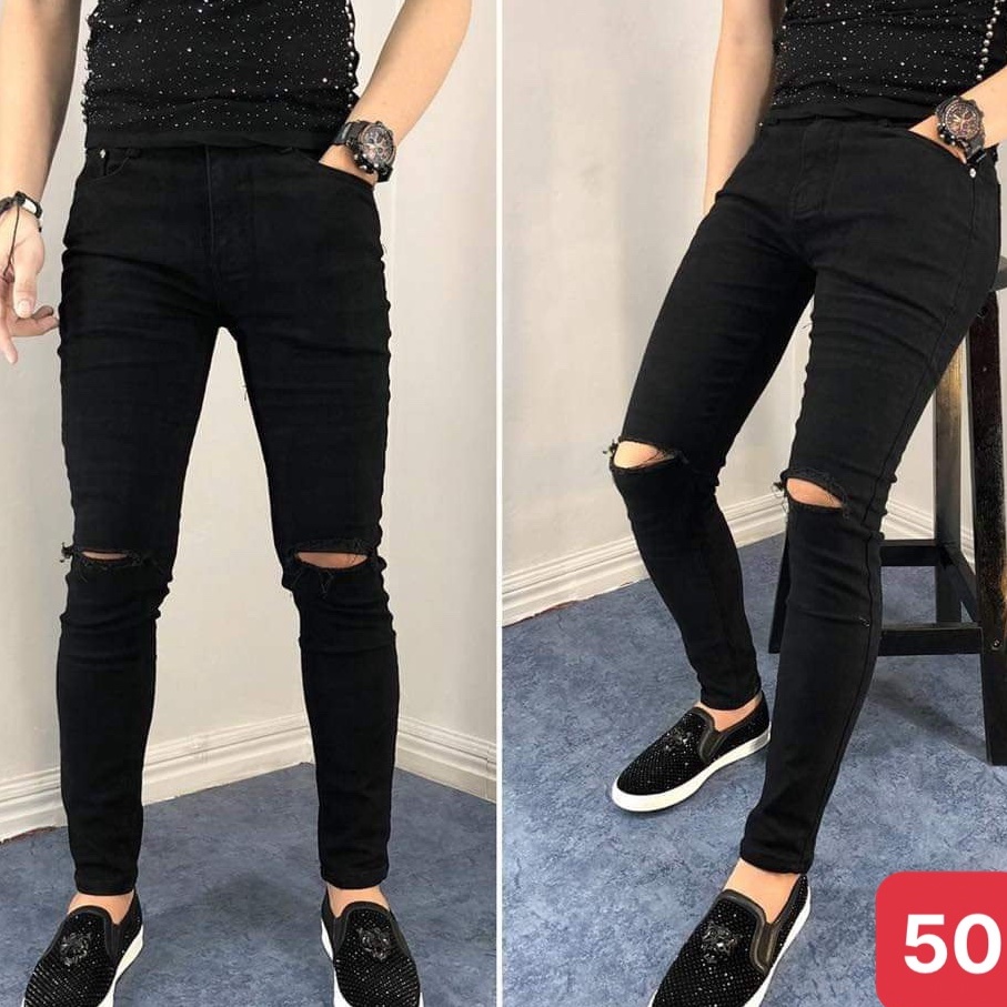 Quần jean nam đen đậm trơn rách gối chất bò cao cấp co dãn 4 chiều cực đẹp, quần rin trơn đẹp AN106 mẫu mới