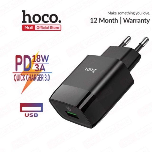 Củ sạc nhanh Hoco C72Q 1 cổng USB sạc nhanh 3A, PD 18W, hỗ trợ sạc cho với nhiều thiết bị điện thoại, table... ( EU )