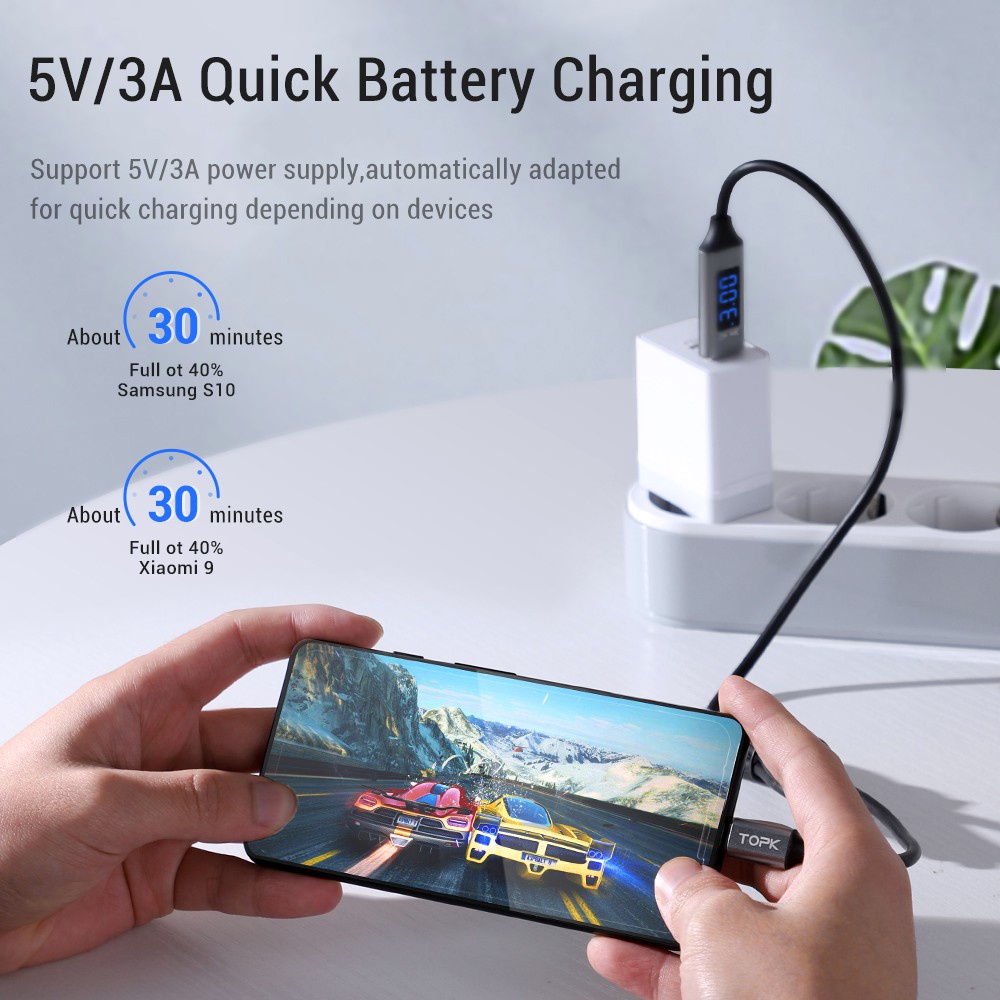 Cáp sạc TOPK AC32 USB-,Type C,Micro, IP cáp đồng bộ dữ liệu màn hình LED hiển thị điệp áp và dòng điện