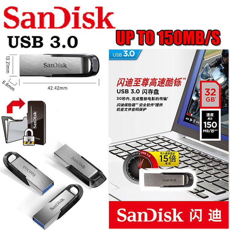 USB 3.0 Chống Mất Dữ Liệu SanDisk CZ73 Ultra Flair 32GB~256GB Tốc Độ Truyền 150MB/s