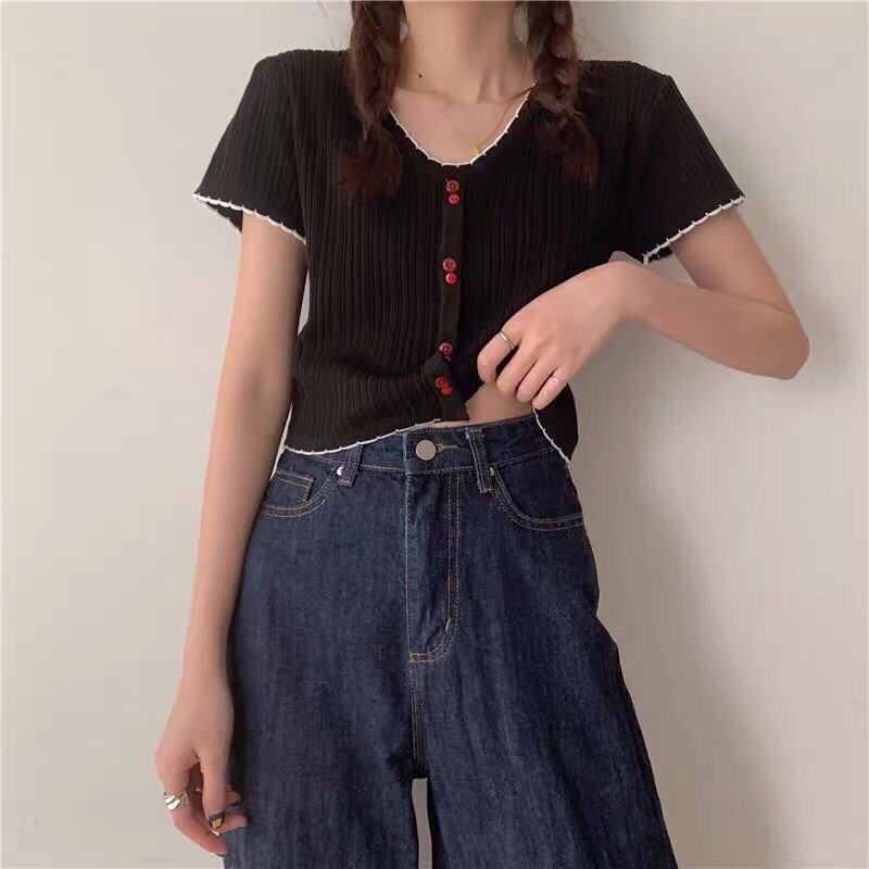 Áo Croptop Cổ Tim Phối Viền Màu Siêu Xinh (VIDEO, ẢNH THẬT)