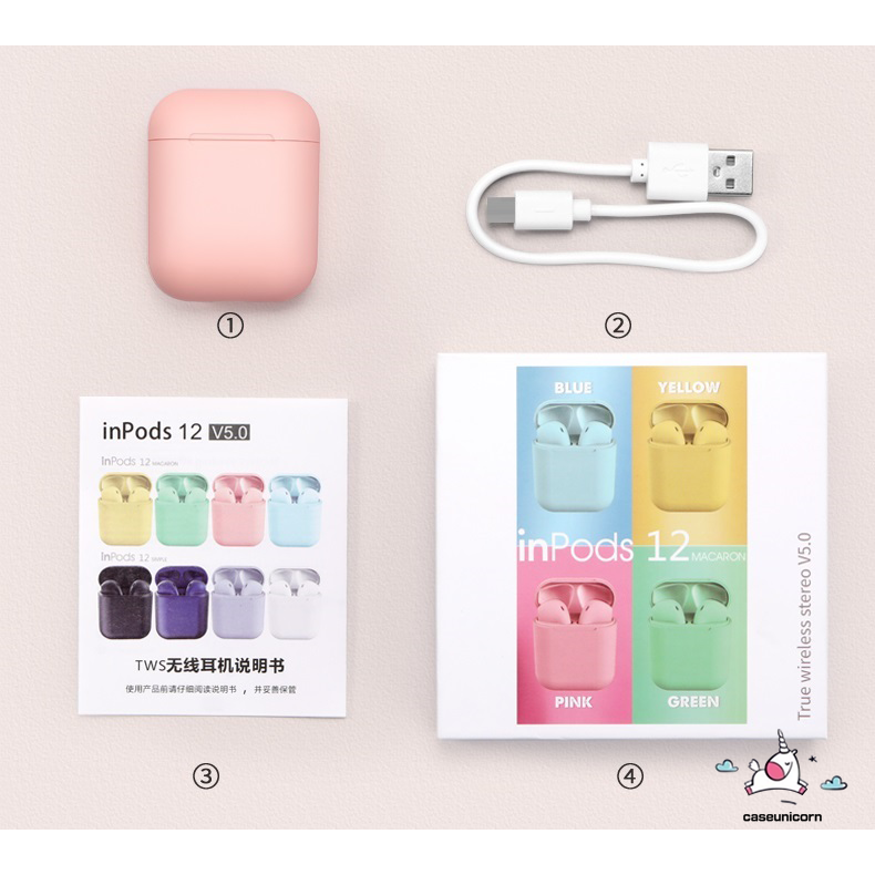 Set Tai Nghe Bluetooth 5.0 I12 Tws Màu Bánh Macaron Kèm Phụ Kiện