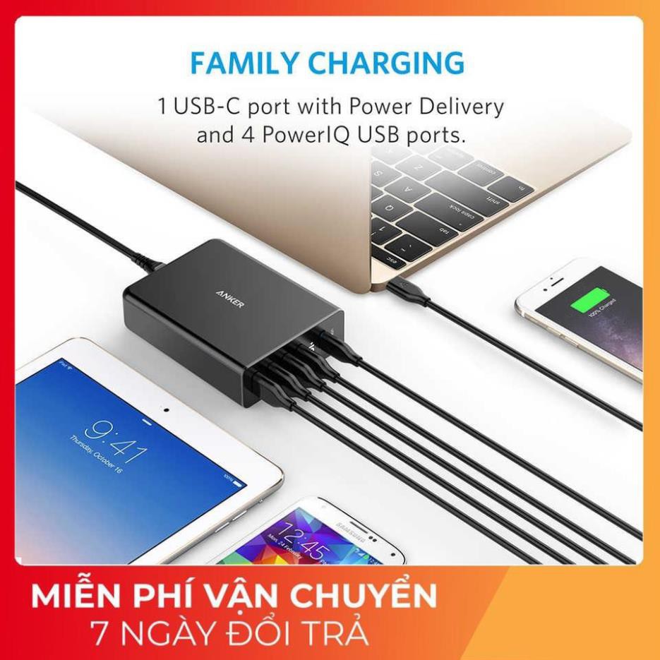 Cóc củ sạc nhanh 60W 4 cổng IQ USB & 1 cổng PD Type-C chính hãng Anker PowerPort +5 (Max 3A / Type-C và 2.4A / USB)