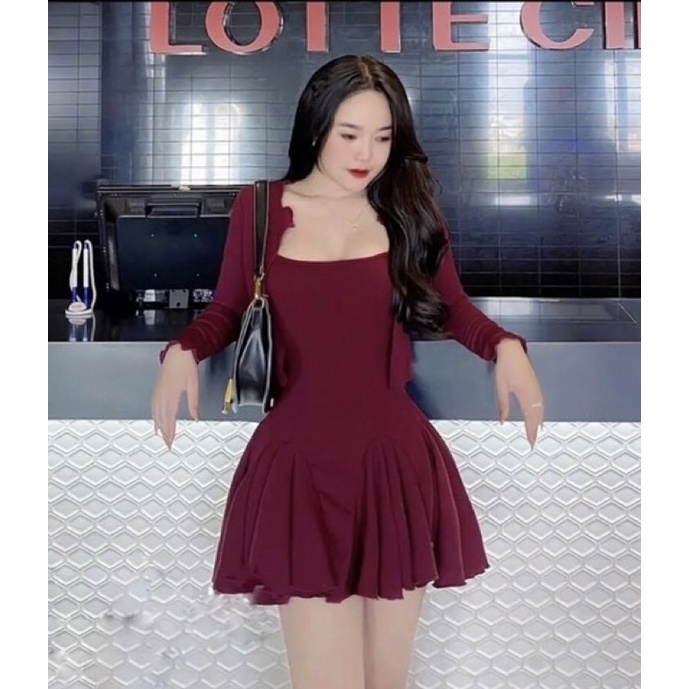 SET ĐẦM HAI DÂY DÁNG NGẮN XOÈ XẾP LI KÈM ÁO KHOÁC TAY DÀI