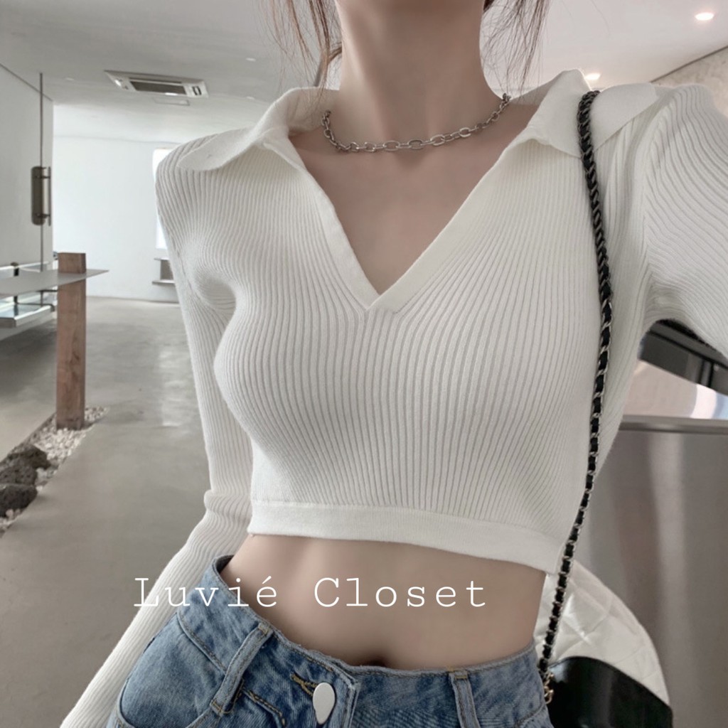 Áo croptop hở lưng cổ v bẻ thắt nơ sau tay dài - Luvie