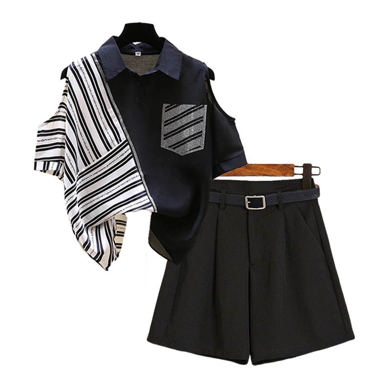 Set đồ 2 mảnh gồm áo sơ mi và quần short phong cách Hồng Kông thời trang mùa hè cho nữ