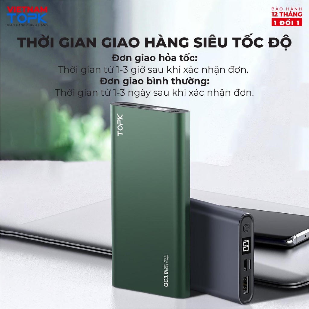 Sạc dự phòng 10000mAh TOPK I1006 - Đầu ra USB sạc ổn định - Màn hình LED