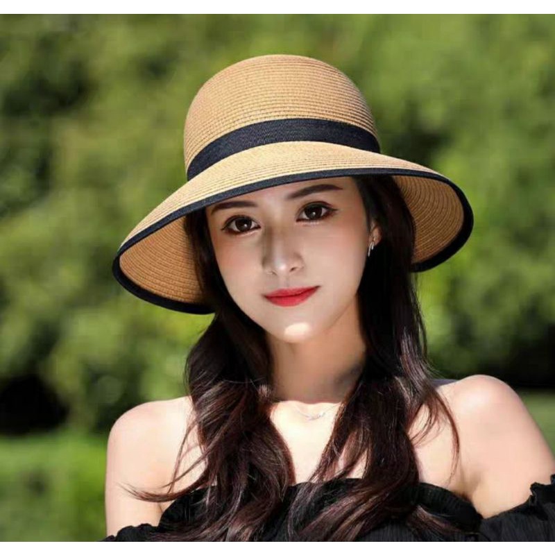 Mũ nón rộng vành nữ đi biển đẹp nơ đen thời trang Hàn Quốc
