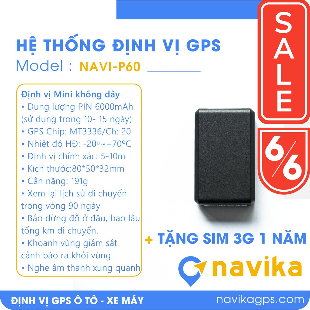 Định vị GPS không dây P60, có MIC ghi âm,chống nước, dùng PIN 15-20 ngày, Nam châm siêu dính BH 12 tháng - Navika GPS