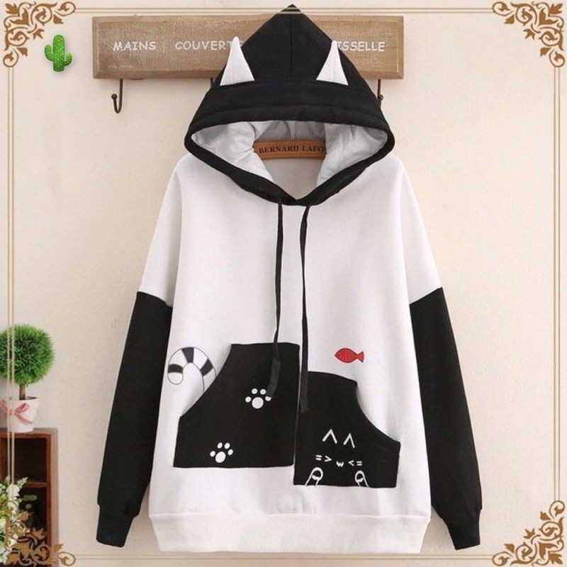 Áo khoác nỉ hoodie mèo bắt cá, phối túi cá tính, form 40-60kg.