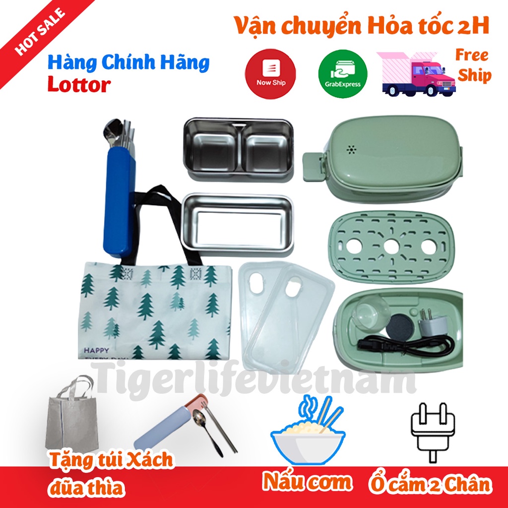 Hộp cơm cắm điện Bear DFH-B12E1, 2 tầng 3 ngăn, nấu chín, hâm nóng và giữ nhiệt cho thức ăn Tặng Túi Xách Bộ đũa thìa