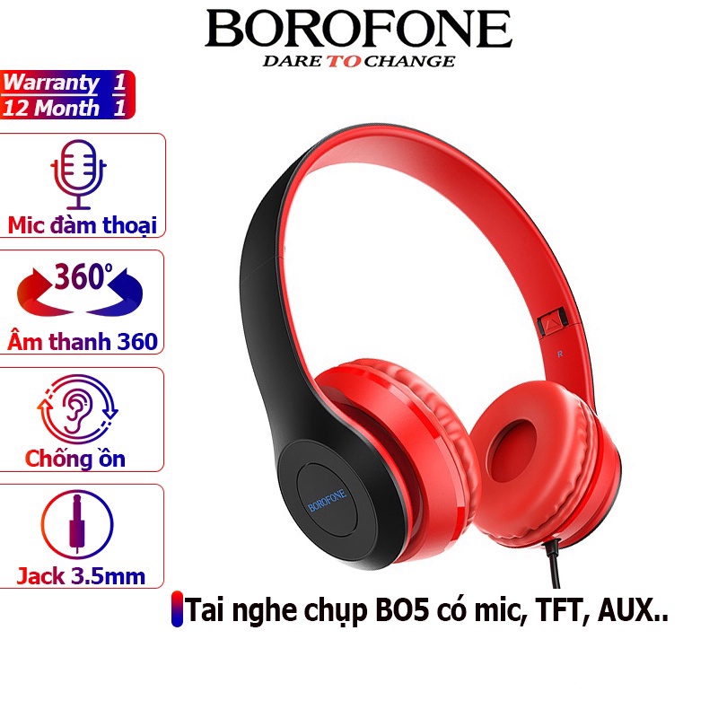 Tai nghe chụp tai BOROFONE BO5 headphone chống ồn nghe hay, dây dài 1.2m, có mic đàm thoại, Jack 3.5mm - Chính hãng