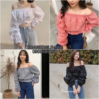 ÁO TRỄ VAI KYA OFF TOP - ÁO CROPTOP TRỄ VAI KẺ CARO ĐỎ ĐEN TAY BỒNG - ÁO TRỄ VAI CROPTOP ĐŨI DÀI TAY NHÚN BÈO ĐEN TRẮNG