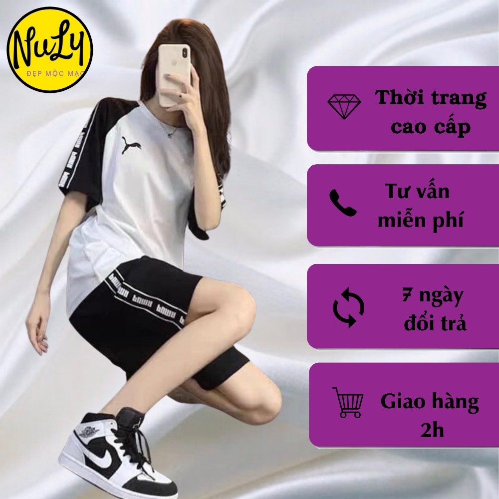 Bộ đùi PUMA phối đen trắng cho nữ, Set thể thao cotton form rộng, thoải mái