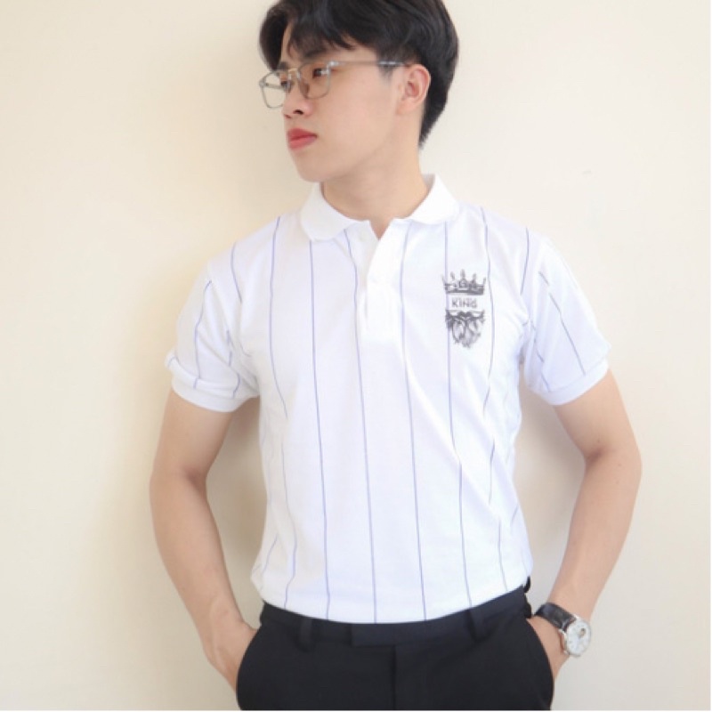 Áo Polo nam cổ bẻ tay ngắn phối kẻ sọc thêu chữ KING cực chất form ôm dáng người chất vải cotton mát | BigBuy360 - bigbuy360.vn