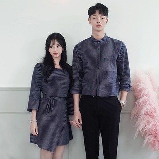 Áo đôi áo cặp, sét váy áo sơ mi hàn quốc buộc eo