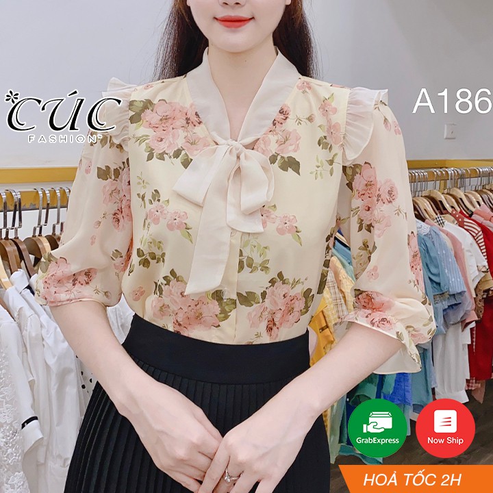 Áo sơ mi nữ cao cấp công sở Cúc Fashion A186 áo hoa tơ 2 lớp