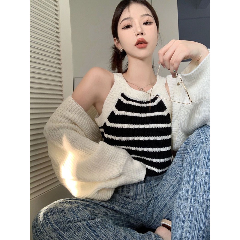 Áo Sweater Dệt Kim Tay Dài Dáng Ngắn Thời Trang Mùa Thu Cho Nữ