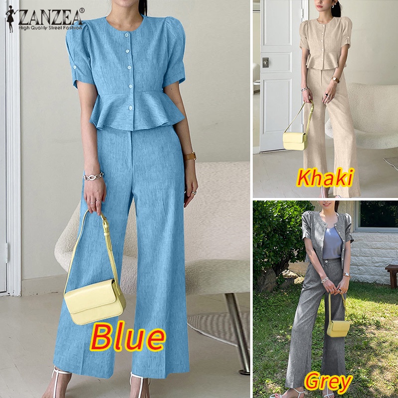 Zanzea Bộ Áo Ngắn Tay Cổ Tròn Phối Bèo + Quần Dài Lưng Thun Ống Đứng Thời Trang Cho Nữ