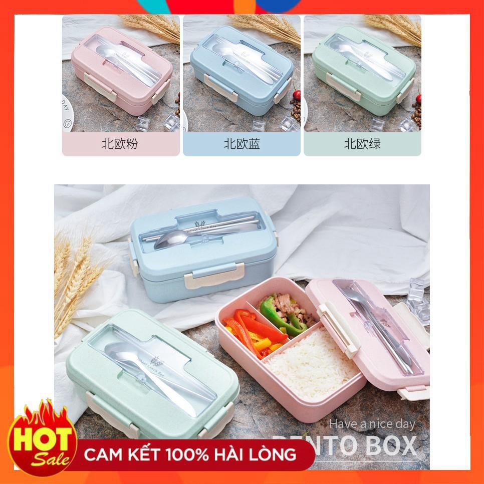 Hộp cơm bento , Hộp cơm văn phòng nhựa lúa mạch kèm đũa thìa inox