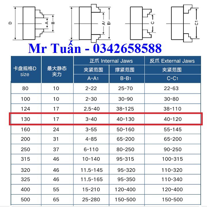 Mâm cặp 4 chấu K12-130 đường kính mâm cặp 130mm