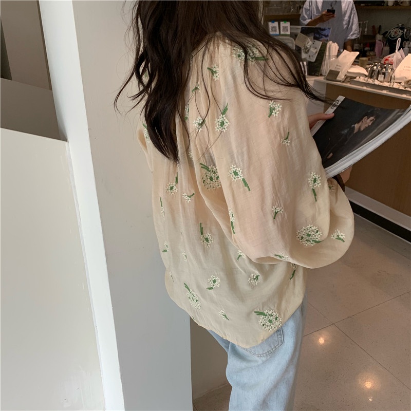 SUXI Áo Sơ Mi Tay Dài Dáng Rộng Thêu Họa Tiết Thời Trang Mùa Hè Dễ Phối Đồ