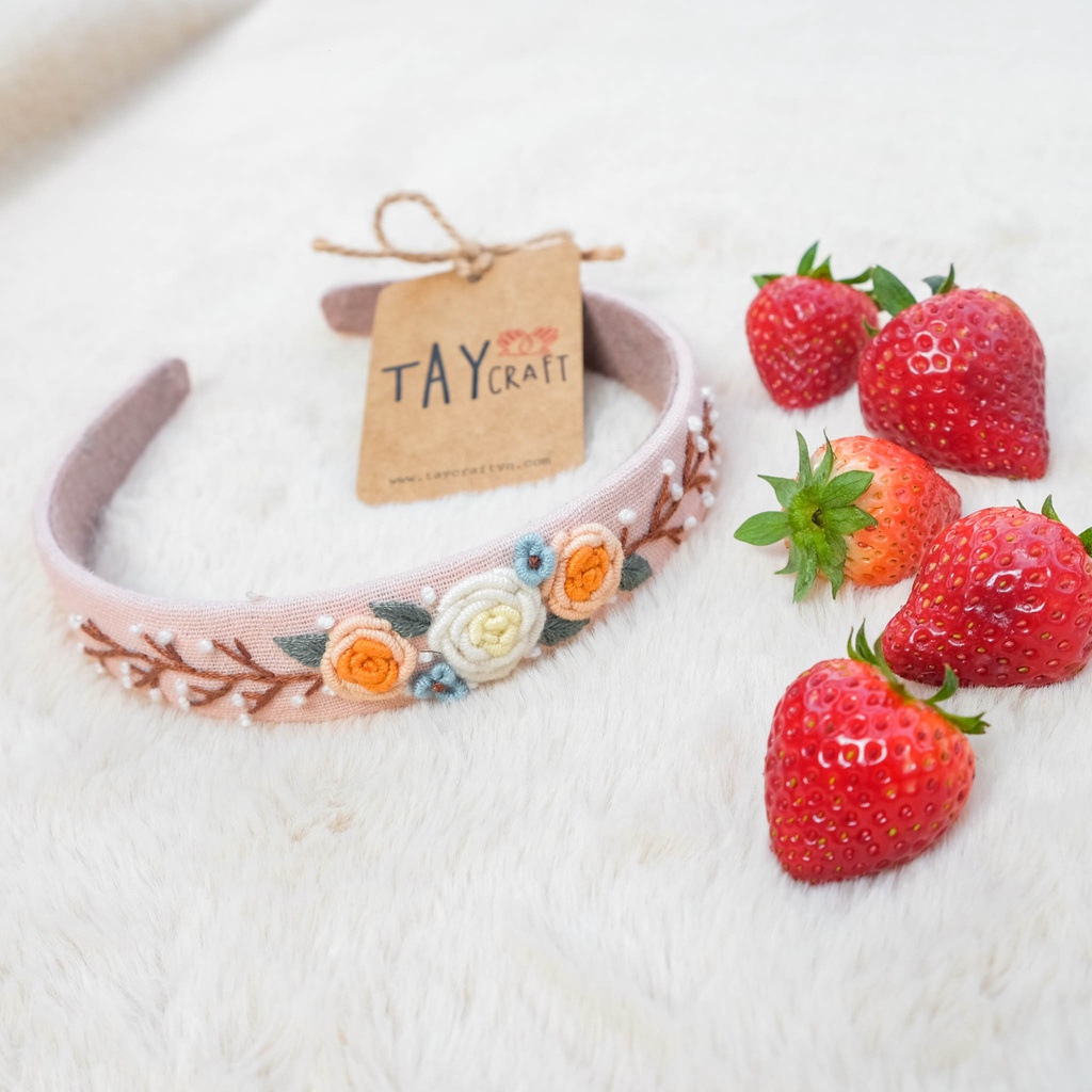 Bờm tóc linen handmade, băng đô tóc thêu tay thủ công bản 2.5cm