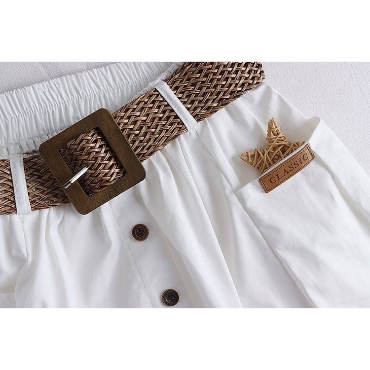 Chân Váy Midi Vải Cotton Mỏng Lưng Thun Phối Túi Lớn 2022 Kiểu Hàn Quốc Thời Trang Mùa Hè