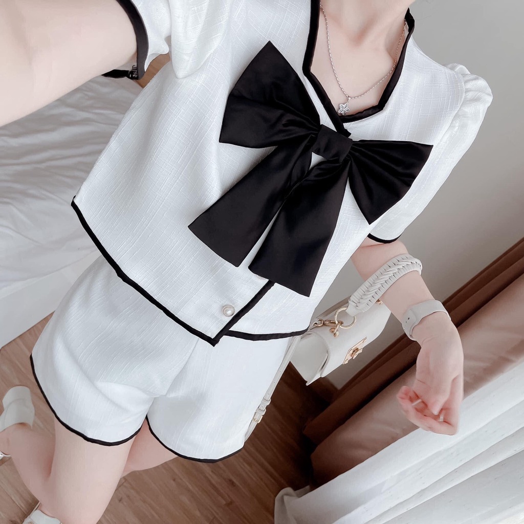 Set Bộ Áo Tiểu Thư Crotop Viền Đen Kết Nơ Khác Màu Nơ , Set Tiểu Thư Cực Sang Trọng Qúy Phái