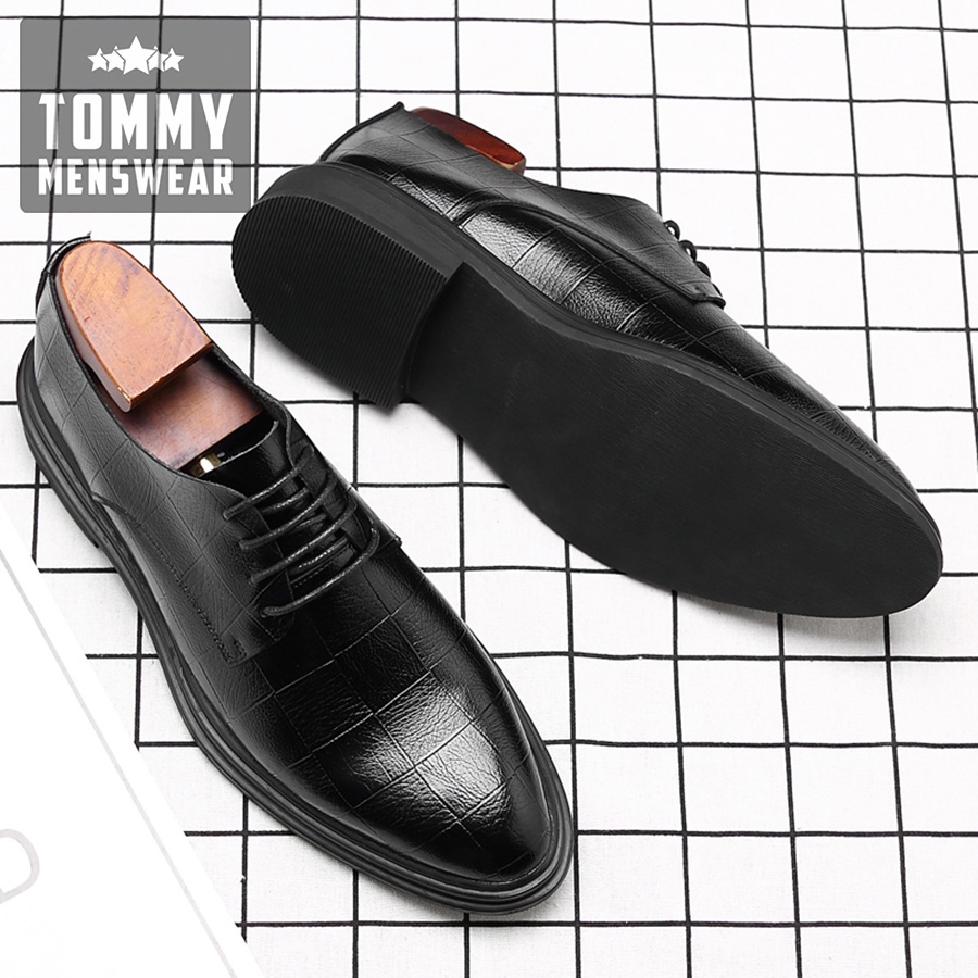 Giày Nam Đen Công Sở Cao Cấp Phong Cách TOMMY Giày Derby Nam Da Bò Thật Hàn Quốc Vân Caro GD90