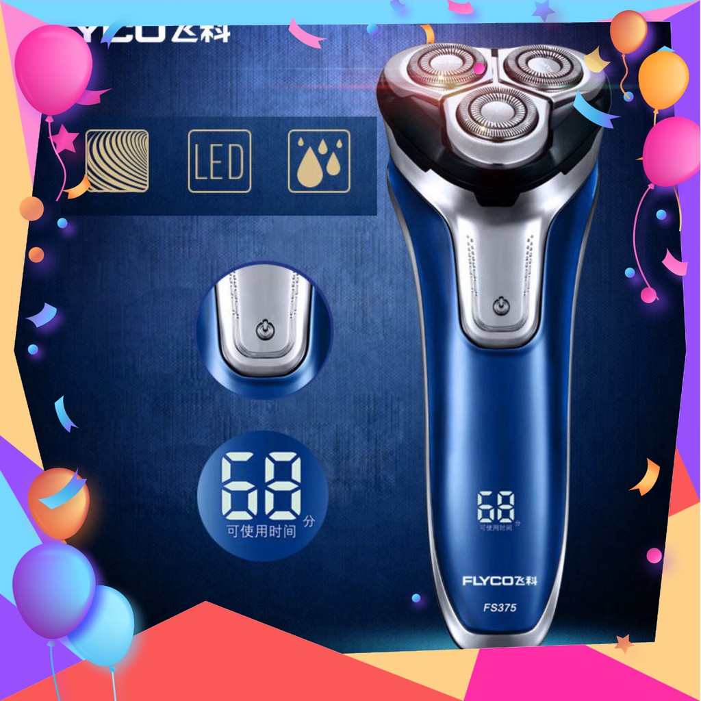 GIẢM GIÁ 50% Máy cạo râu 3 lưỡi FLYCO FS375, dao cạo râu chống nước, có đèn LED hiển thị phần trăm pin (màu xanh nước b