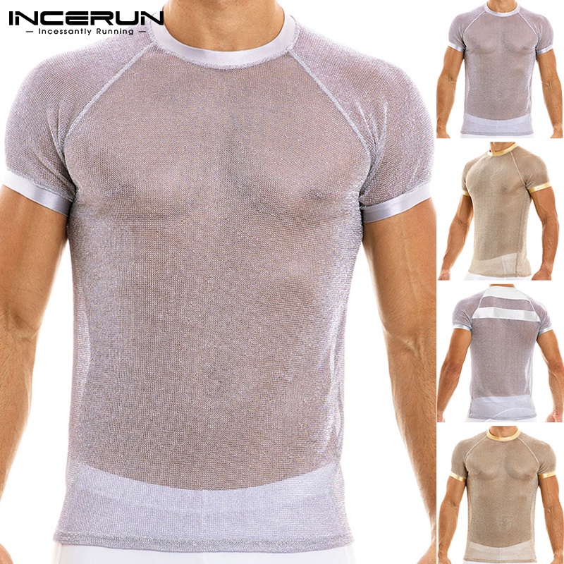 Áo Lưới INCERUN Cổ Tròn Ngắn Tay Vải Sáng Bóng Mềm Mại Xuyên Thấu Thời Trang Mùa Hè Cho Nam