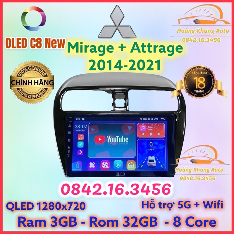 Màn hình android OLED C8 New theo xe Attrage + Mirage 2014 - 2021  kèm dưỡng và jack nguồn zin theo xe