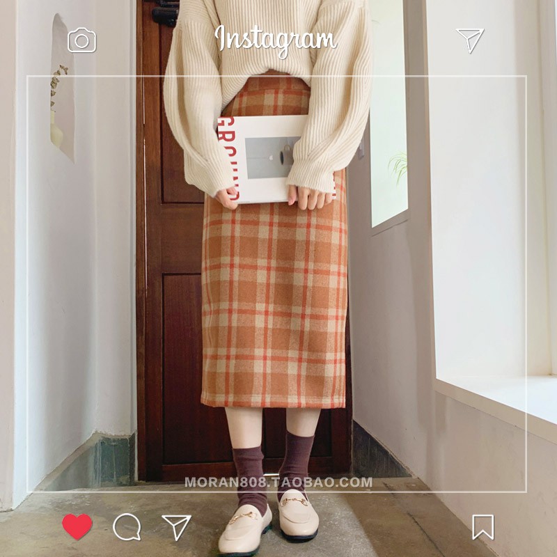 (ORDER- sẵn Màu cam) Chân váy MORAN kẻ dạ dáng dài Style công sở Hàn Quốc | BigBuy360 - bigbuy360.vn