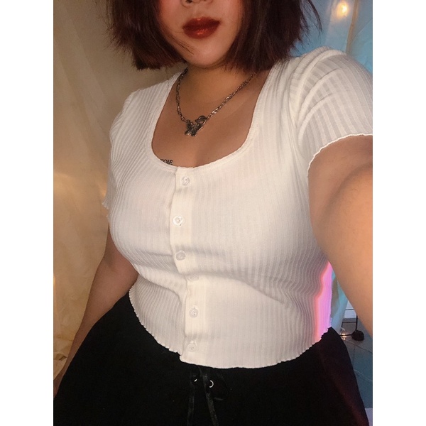 Áo croptop nữ cổ vuông bigsize có nút gài xinh xắn cho nàng mũm mĩm FATTYTA