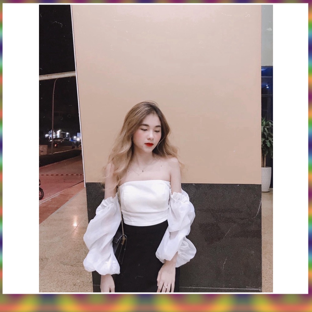 Set Váy Xinh Dạ Hội Đi Học | Set Áo Trễ Vai Tay Bồng Rời Trắng Mix Chân Váy Xẻ Tà Tuyết Mưa Đen Ulzzang