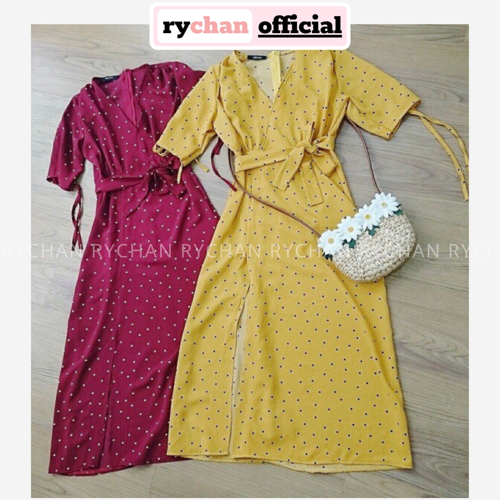 DM693 - Đầm Maxi Chấm Bi Cổ V Xẻ Đùi Tay Ngắn Rút Dây Eo Thắt Nơ 2 Màu Vàng Đỏ