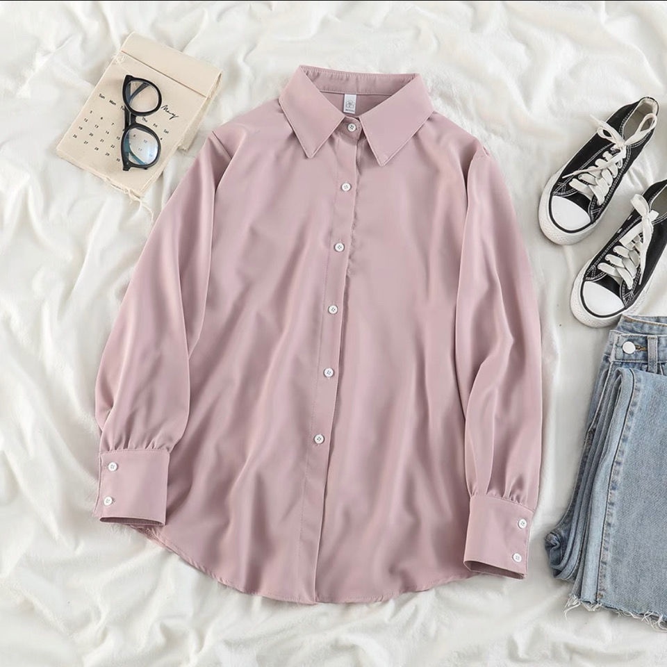 Áo Sơ Mi Tay Dài Dáng Rộng Màu Sắc Đơn Giản Cho Nữ