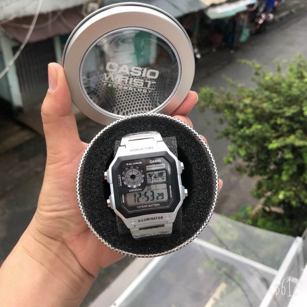 Đồng hồ nam Casio AE 1200-WHD classic chống nước , dây thép không gỉ (dây bạc mặt đen). | BigBuy360 - bigbuy360.vn