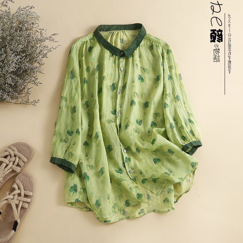 Ice Japanese cotton linen shirt tops female retro printing seven-point sleeve linen brand counter cut label