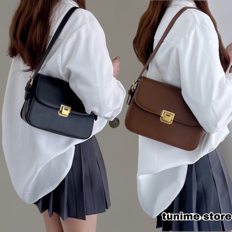 (Có sẵn Đen/Nâu) Túi da trơn đẹp đeo chéo đeo vai phong cách đơn giản basic khoá cài sang trọng