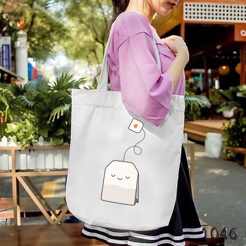 Túi Tote Vải Canvas Trắng Có Khóa Miệng In Họa Tiết Túi Trà 1046 Đeo Vai Đi Học Đi Du Lịch Cực Đẹp