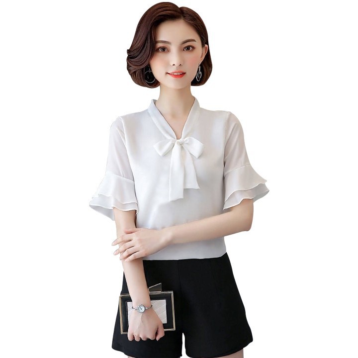 Áo sơ mi nữ cổ nơ tay loe