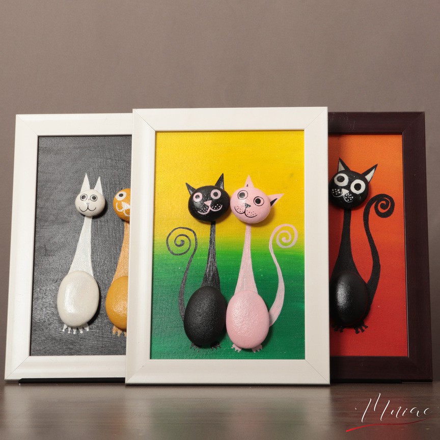 Tranh đá cuội 2 chú mèo dễ thương, [Handmade][Tranh tự vẽ] Tranh decor, trang trí bàn học/làm việc - MNIAC - TĐSHNM23025