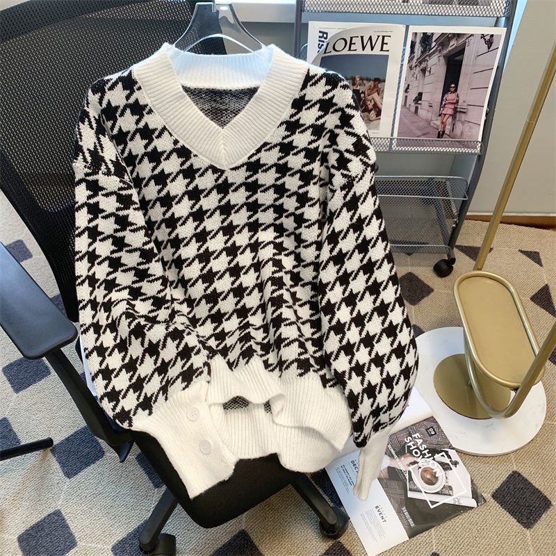 Áo Sweater Dệt Kim Dày Dặn Dáng Rộng In Họa Tiết Houndstooth Kiểu Retro Thời Trang Mùa Thu Cho Nữ