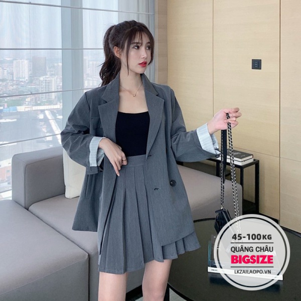 Set Bộ đồ nữ Bigsize Áo khoác vest form rộng tay dài Kết Hợp Chân váy tennis xếp ly cạp cao Phong cách Hàn Quốc quảng châu cao cấp