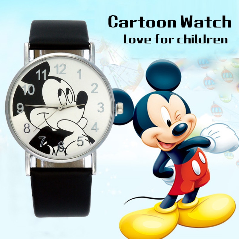 Đồng hồ đeo tay dây da mặt hình chuột Mickey hoạt hình cho bé