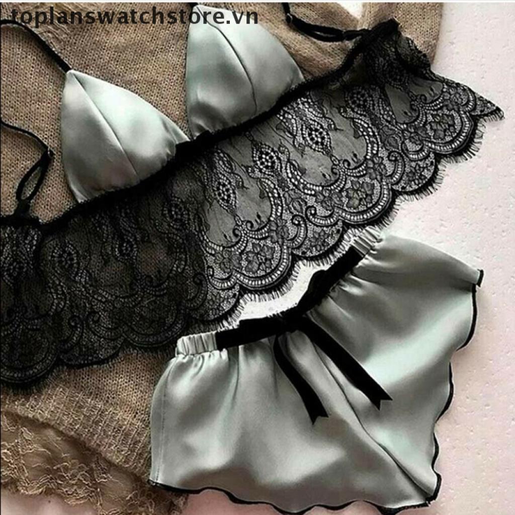 Bộ Đồ Ngủ Vải Satin Không Tay Cổ Chữ V Phối Ren Quyến Rũ Cho Nữ