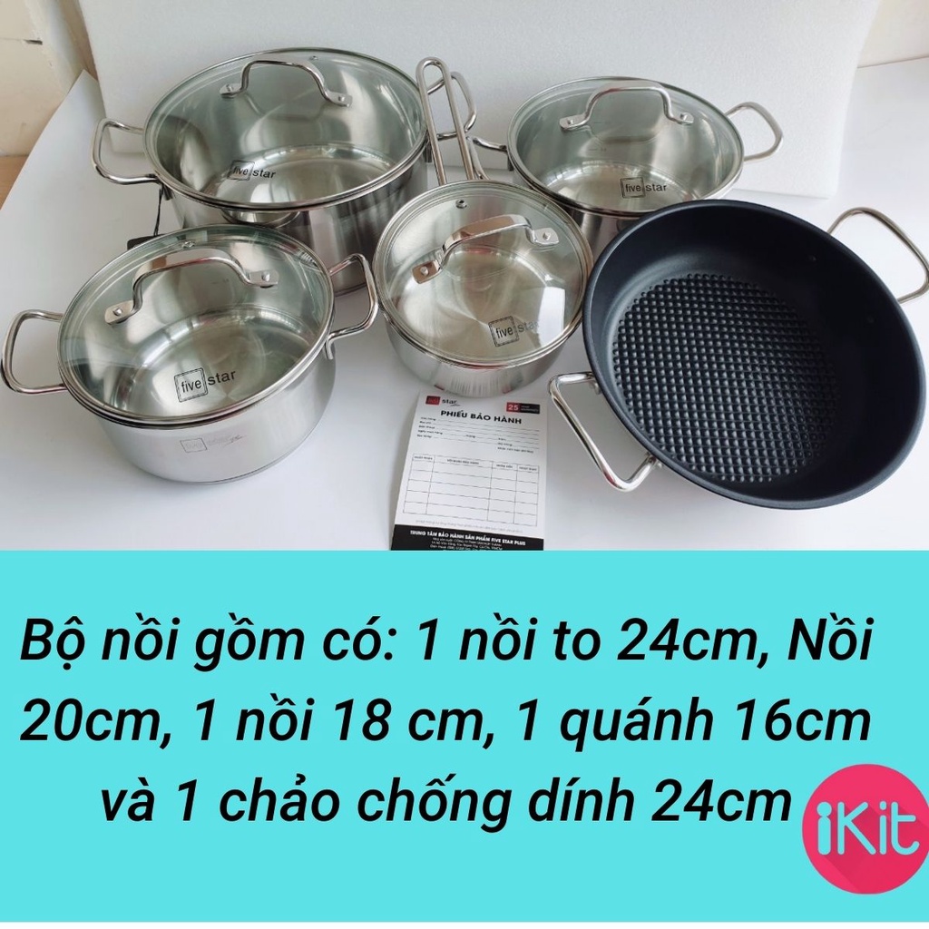 Bộ nồi inox fivestar 5 món vung kính 5 đáy inox 304. Kèm chảo chống dính 2 quai. Bảo hành 25 năm